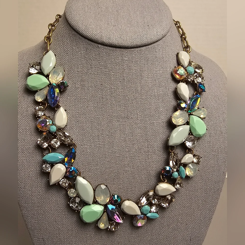 [J. Crew] Cluster Statement Necklace Mint Green, Gray White & Iridescent Stones